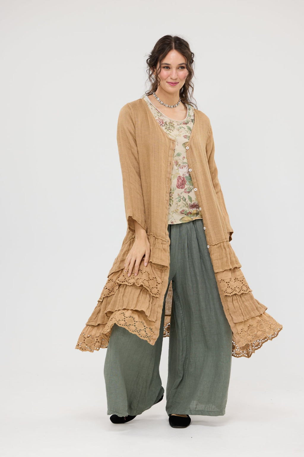 Florette Linen and lace coat. Miss roses sister violet Tobacco - Stay Wild Collective