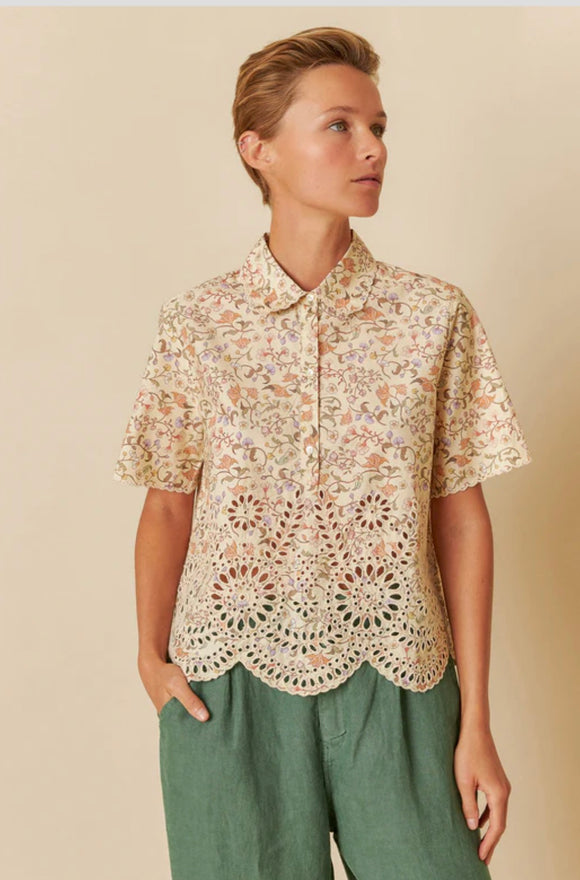 Indi & Cold Printed Embroidered Poplin Top raw /natural
