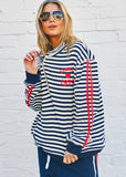 person wearing HAMMILL & CO WOMENS RETRO STRIPE COLLARED SWEAT IN NAVY/WHITE - Stay Wild Collective  