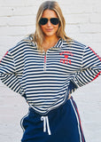 person wearing HAMMILL & CO WOMENS RETRO STRIPE COLLARED SWEAT IN NAVY/WHITE - Stay Wild Collective  