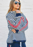 person wearing HAMMILL & CO WOMENS RETRO STRIPE COLLARED SWEAT IN NAVY/WHITE - Stay Wild Collective  