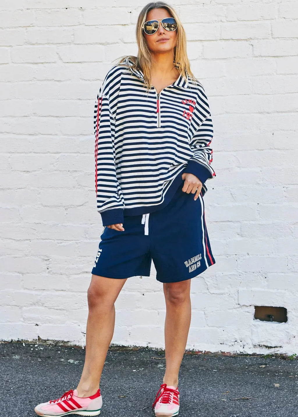 person wearing HAMMILL & CO WOMENS RETRO STRIPE COLLARED SWEAT IN NAVY/WHITE - Stay Wild Collective  