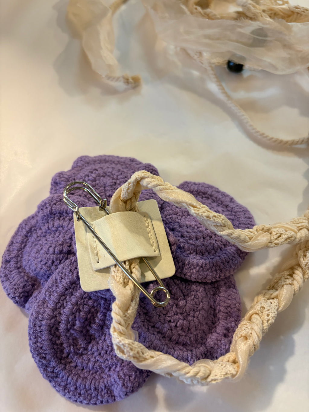 Iris hand crochet floral belt/ brooch purple