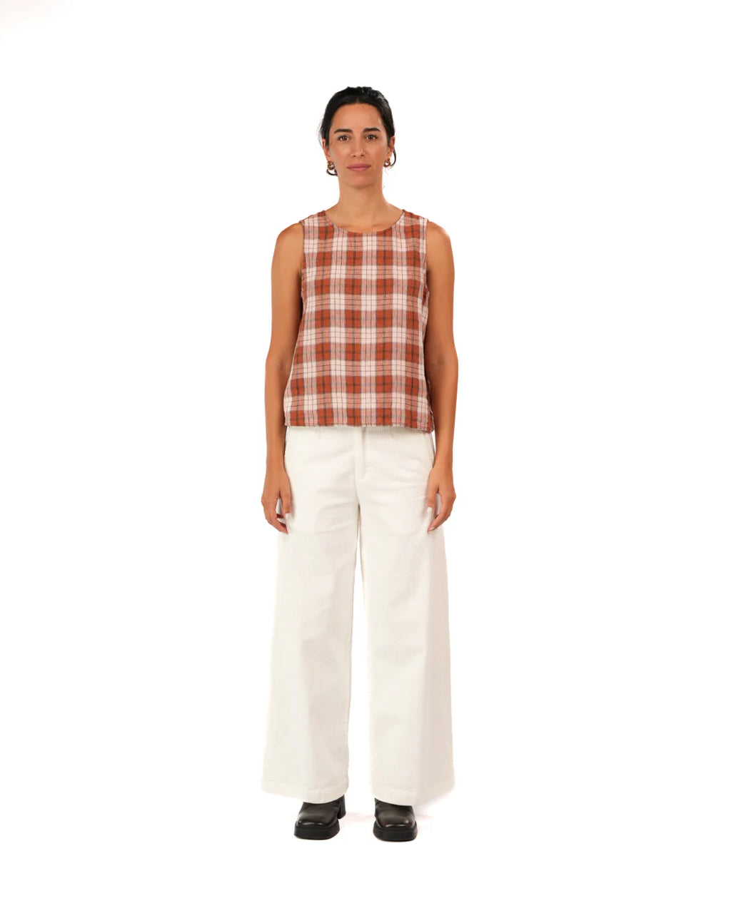 Montaigne Ava French Linen Cami Top in Clay Check