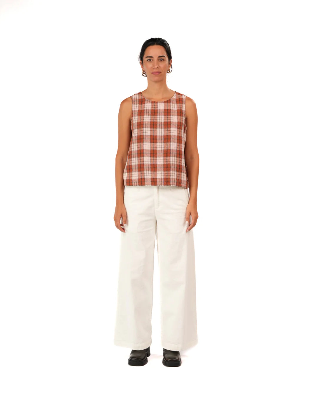 Montaigne Ava French Linen Cami Top in Clay Check