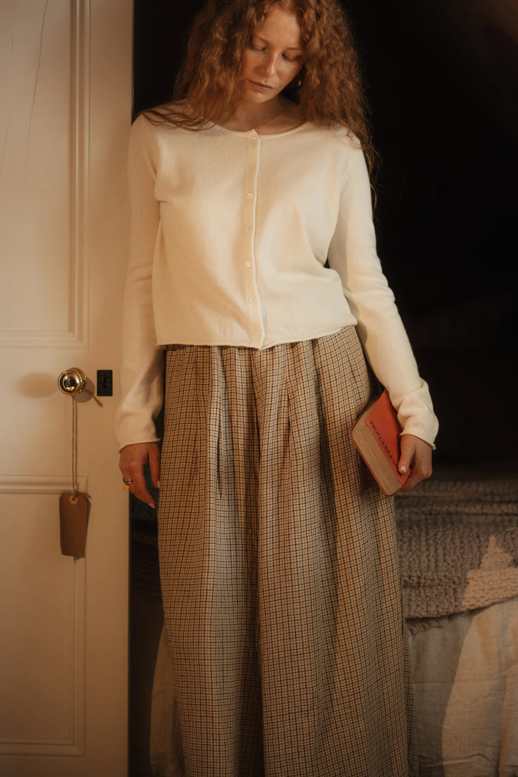 French linen culottes in beige/brown check