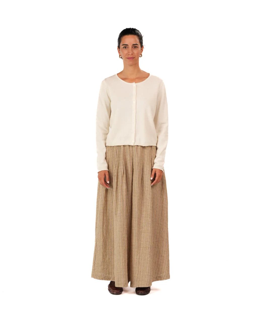 French linen culottes in beige/brown check