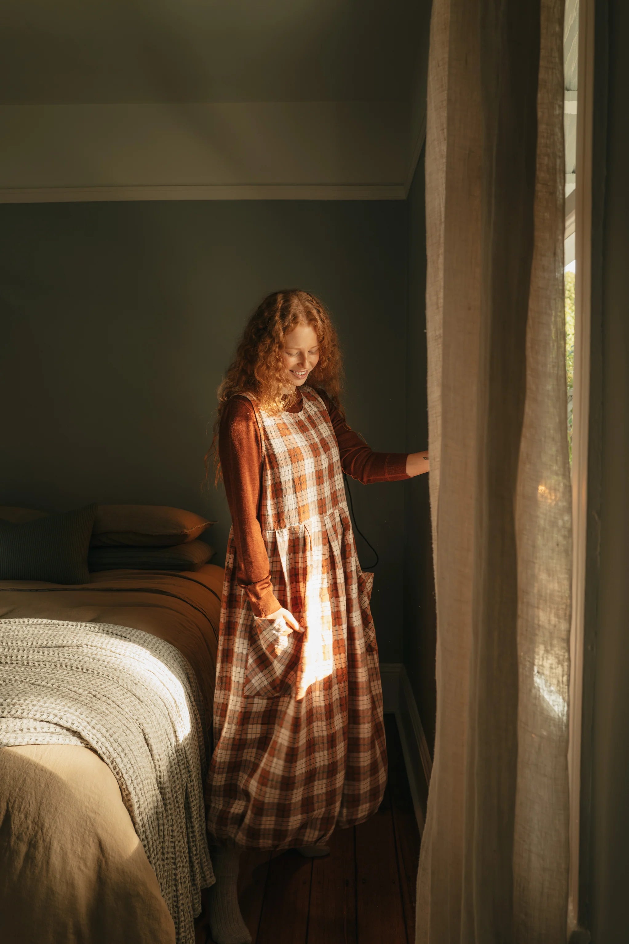 Montaigne Sartene dress clay check French linen