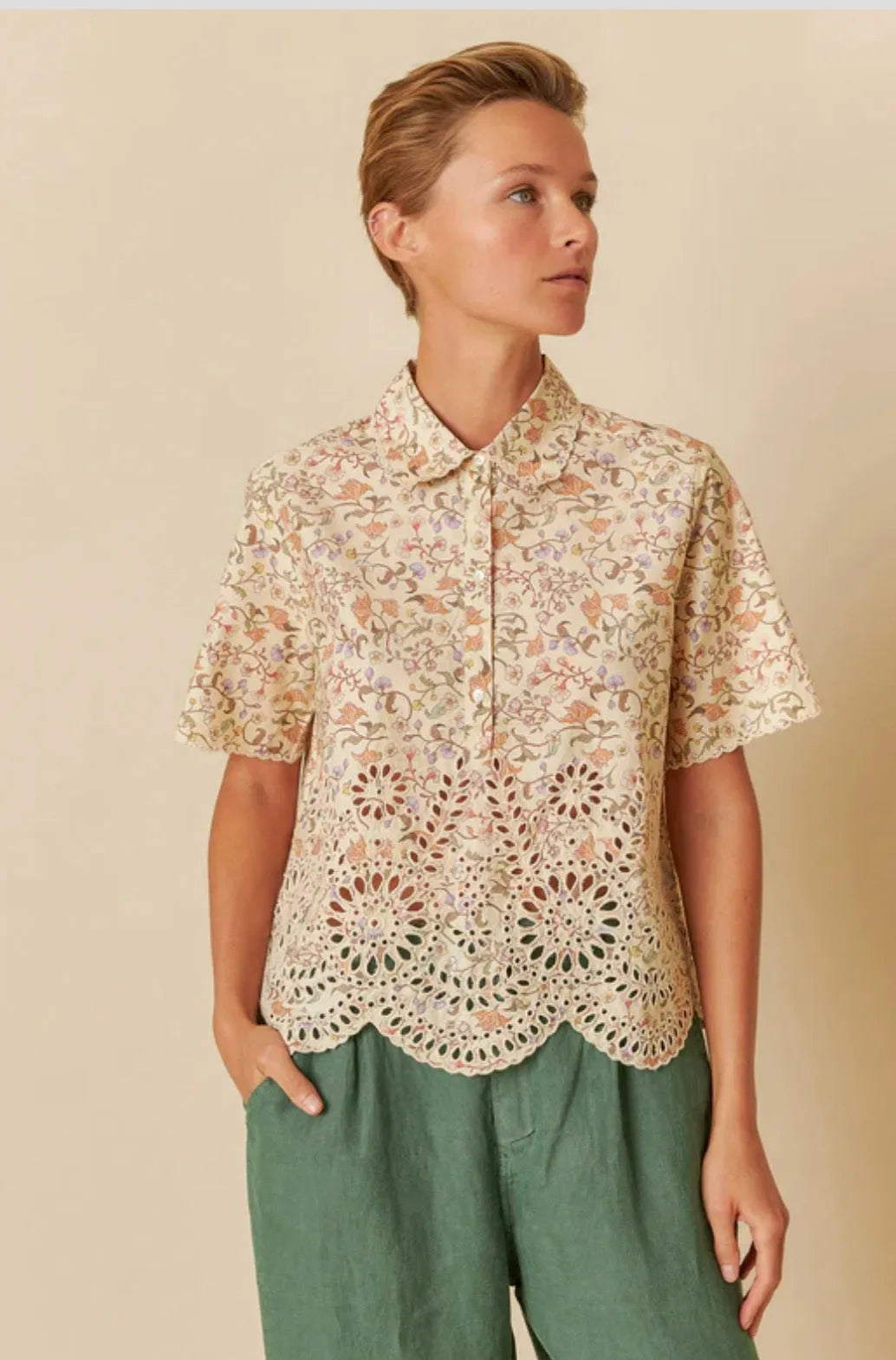 Indi & Cold Printed Embroidered Poplin Top raw /natural - Stay Wild Collective  Shirt