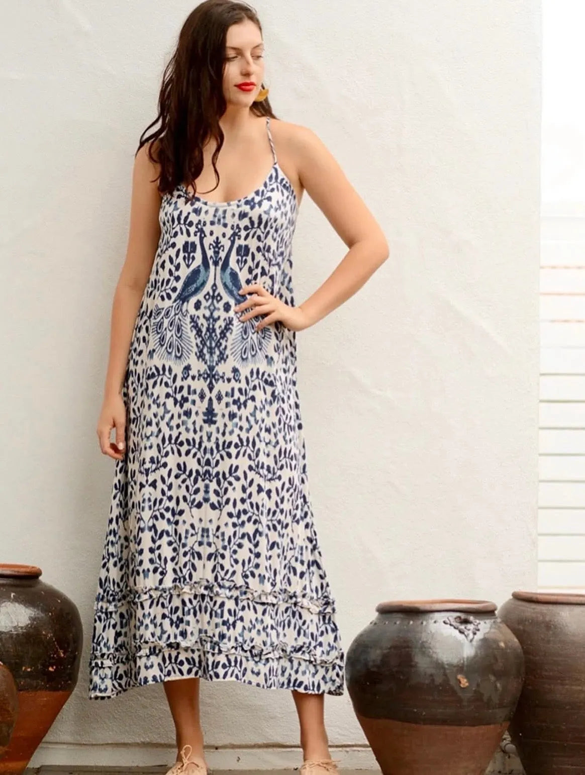 person wearing Ladli Slip Midi Dress | Jaipur Sapphire Cotton and ruby red cotton/voile sale - Stay Wild Collective  Dresses