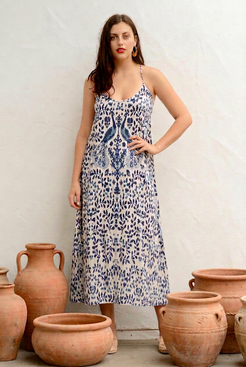 person wearing Ladli Slip Midi Dress | Jaipur Sapphire Cotton and ruby red cotton/voile sale - Stay Wild Collective  Dresses