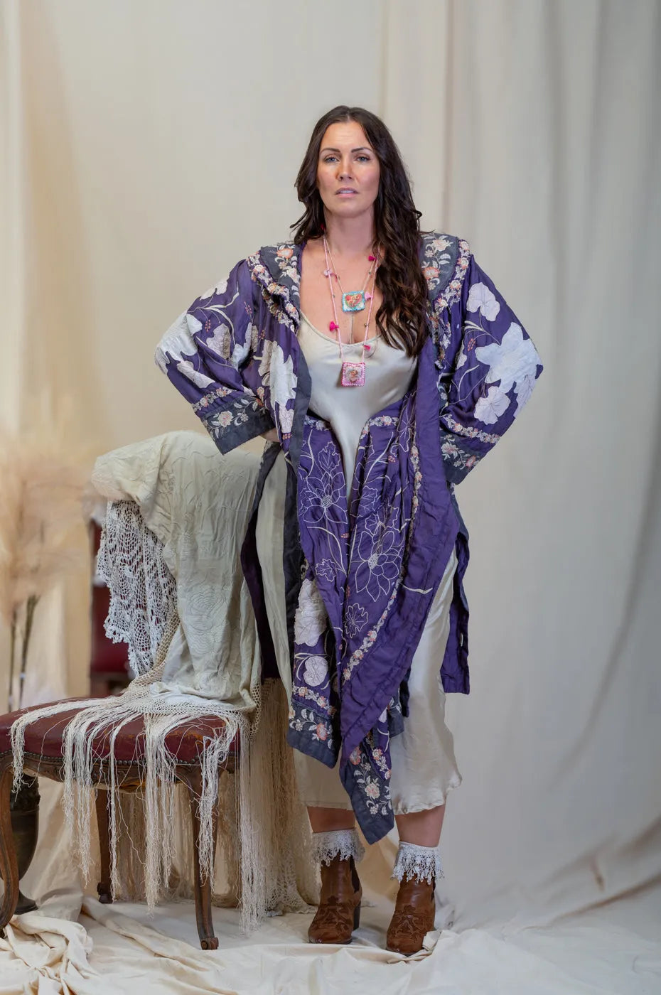 Floral Appliqué Danji Kimono Magnolia Pearl 591 enigma - Stay Wild Collective  Coats & Jackets