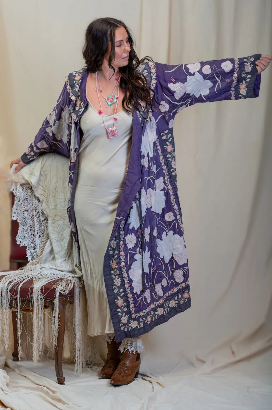 Floral Appliqué Danji Kimono Magnolia Pearl 591 enigma - Stay Wild Collective  Coats & Jackets