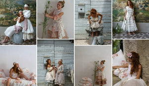 Collage of a woman in a white Les Ours Bohemian dress posing in various settings.
