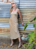 person wearing Long velvet slip dress gold - Stay Wild Collective  