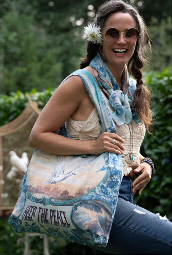 Market Of Stars Peace Out Linen Tote Bag with Doves and Sunrise - Stay Wild Collective  bag