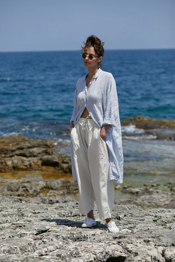 Meg by Design Piaf Coat Linen - Blue Pin Stripe - Stay Wild Collective  