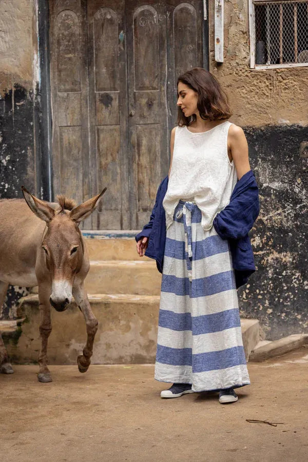 Meg by Design Harriet Trouser - Linen Blue Stripe - Stay Wild Collective  Pants
