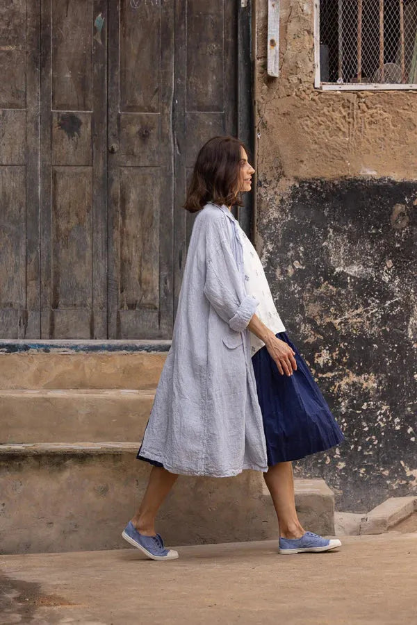 Meg by Design Piaf Coat Linen - Blue Pin Stripe - Stay Wild Collective  