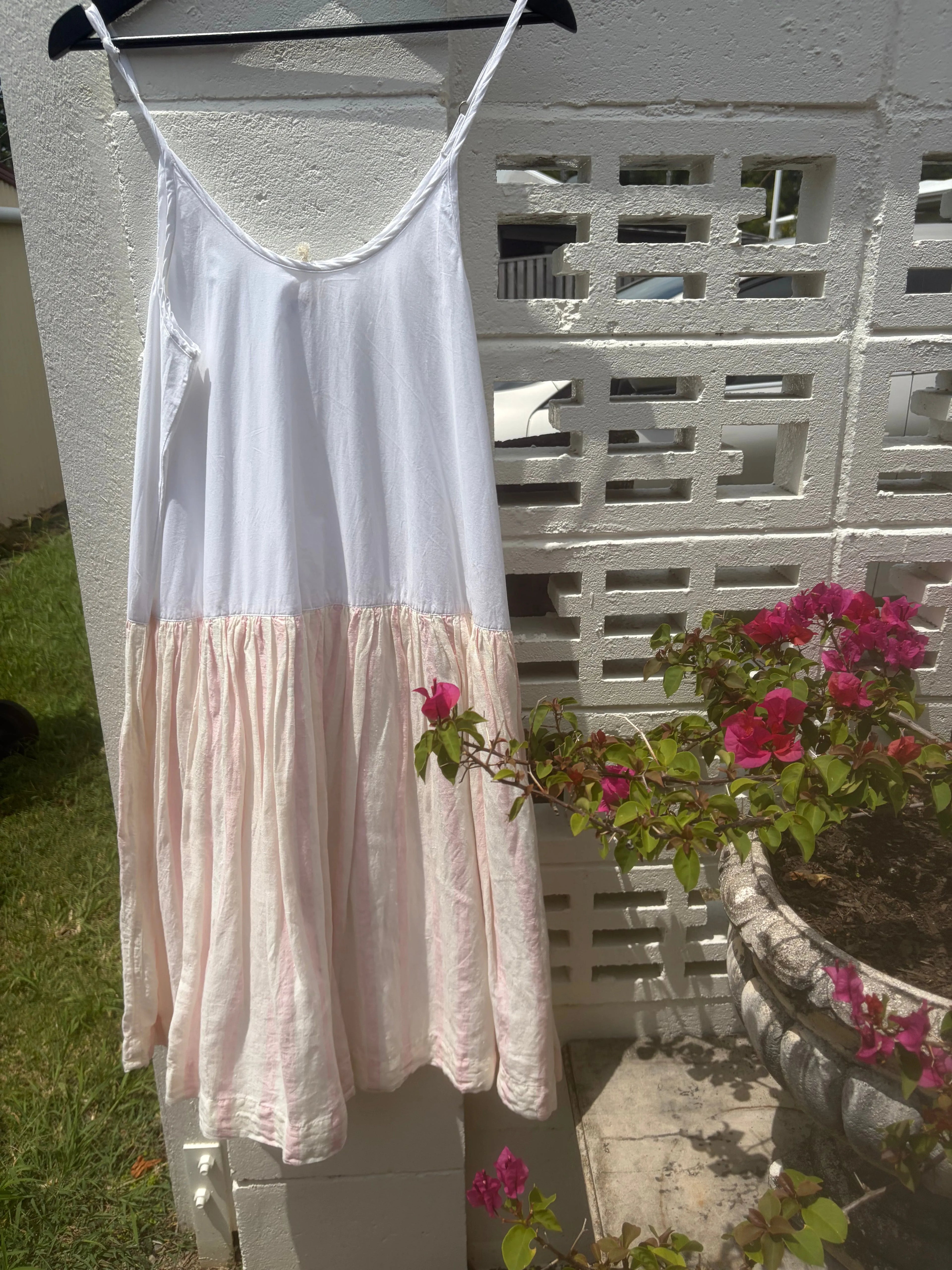 person wearing Meg by design high tea slip linen pink stripe and blue stripe - Stay Wild Collective  