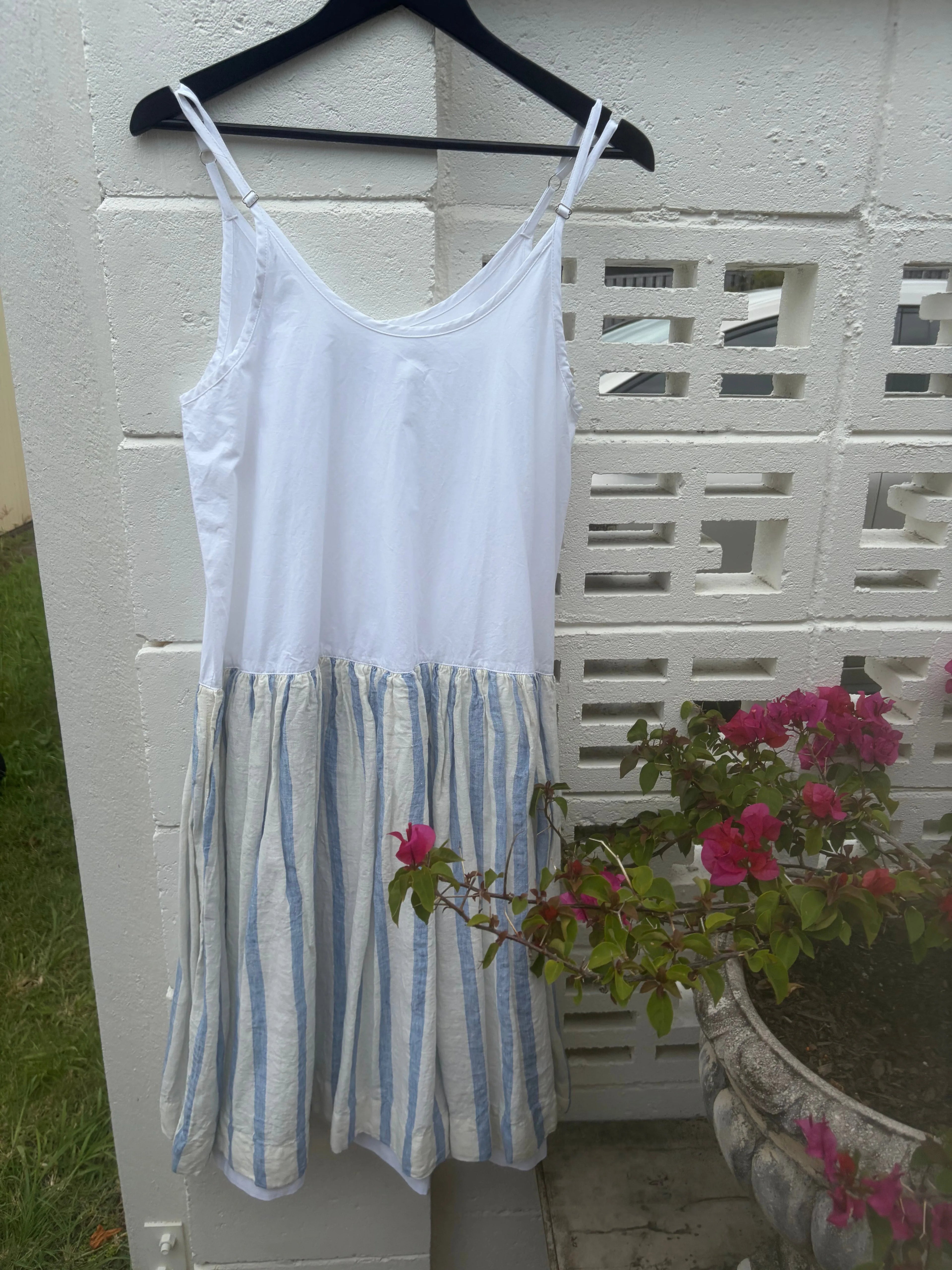 person wearing Meg by design high tea slip linen pink stripe and blue stripe - Stay Wild Collective  