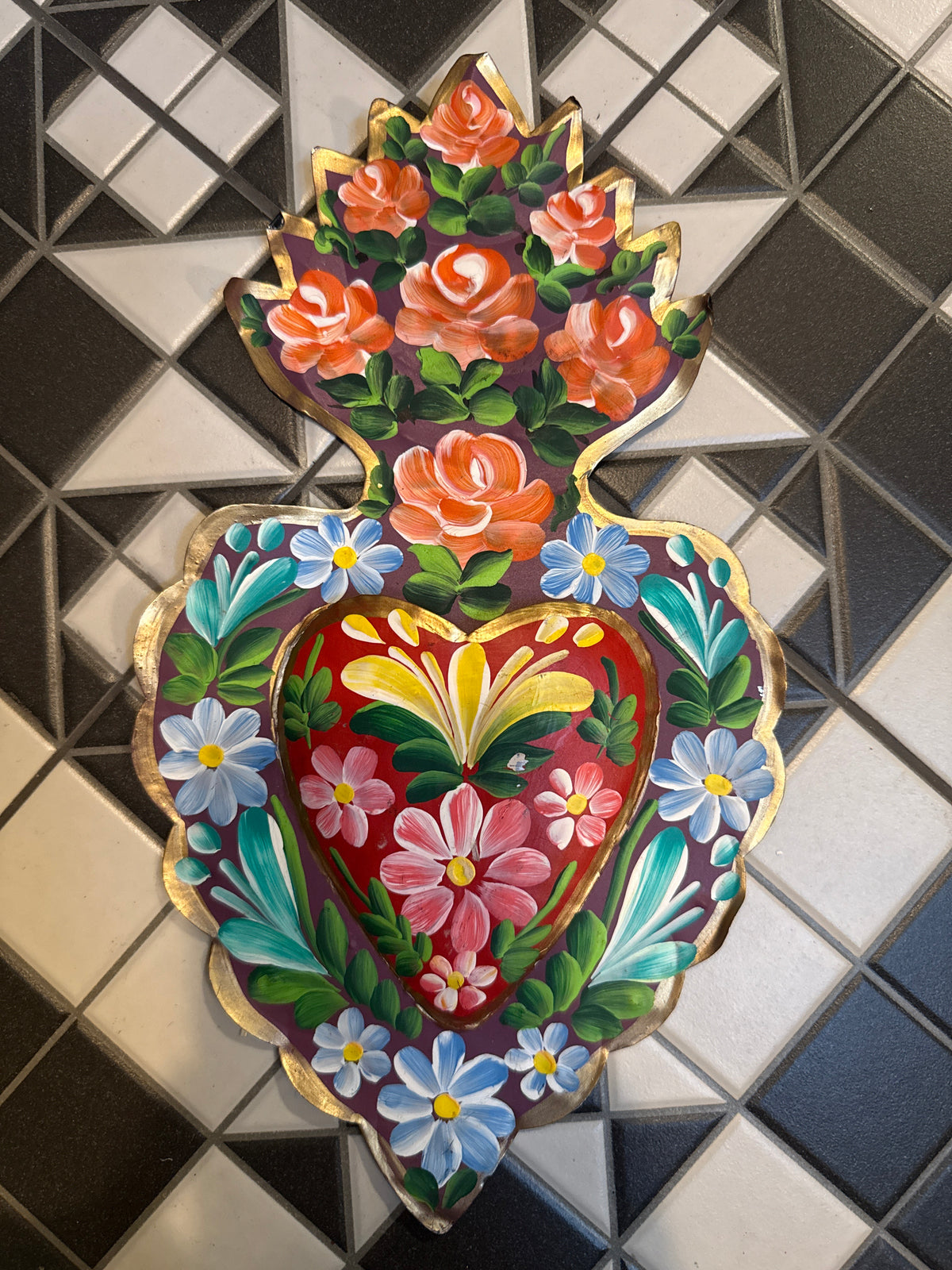 Mexican wall art | Tin heart w/painted flowers 29x16cm TH02 - Stay Wild Collective