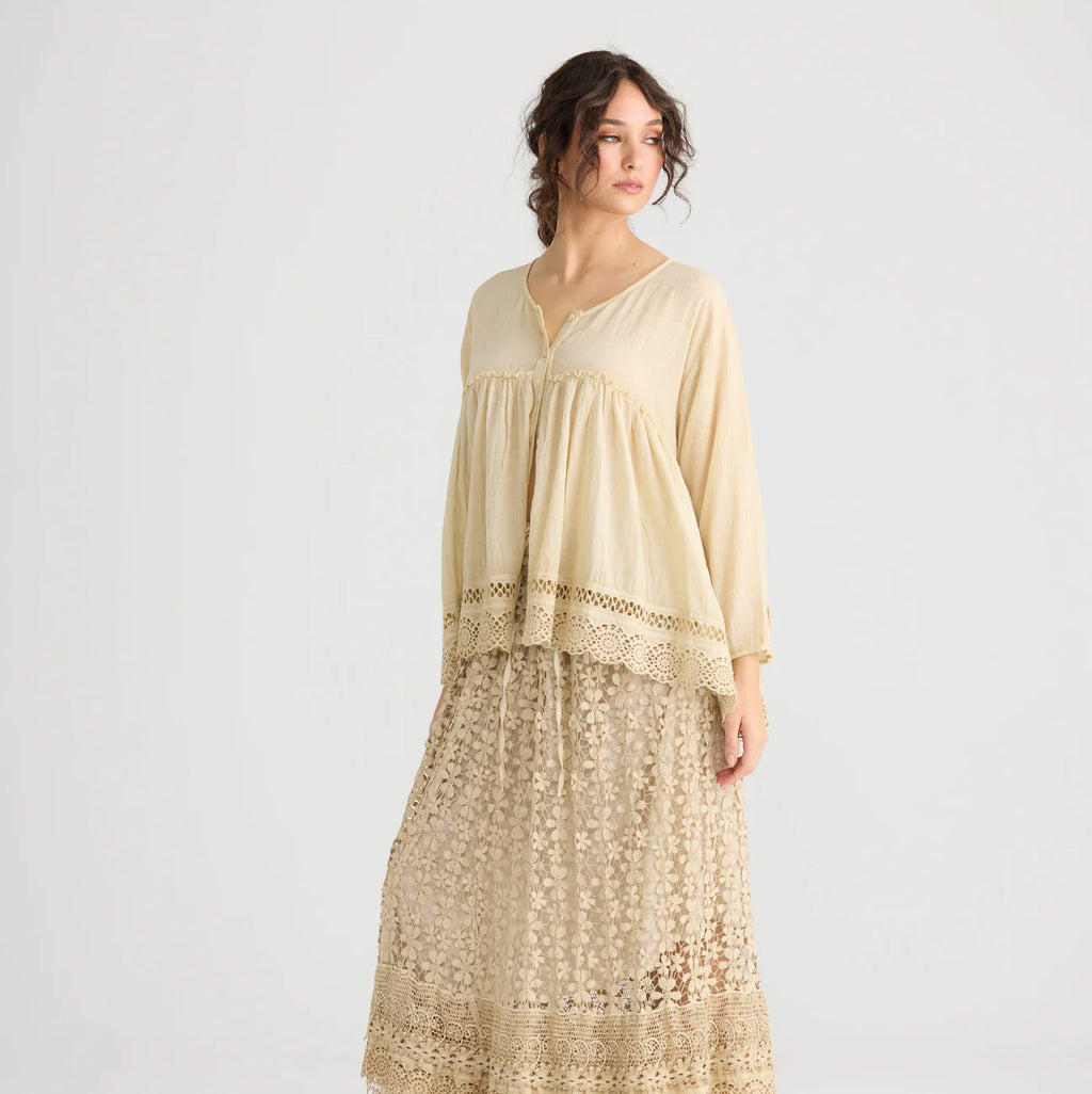  Miss roses sister violet Constance cotton top with lace edging. Tea-dye - Stay Wild Collective  