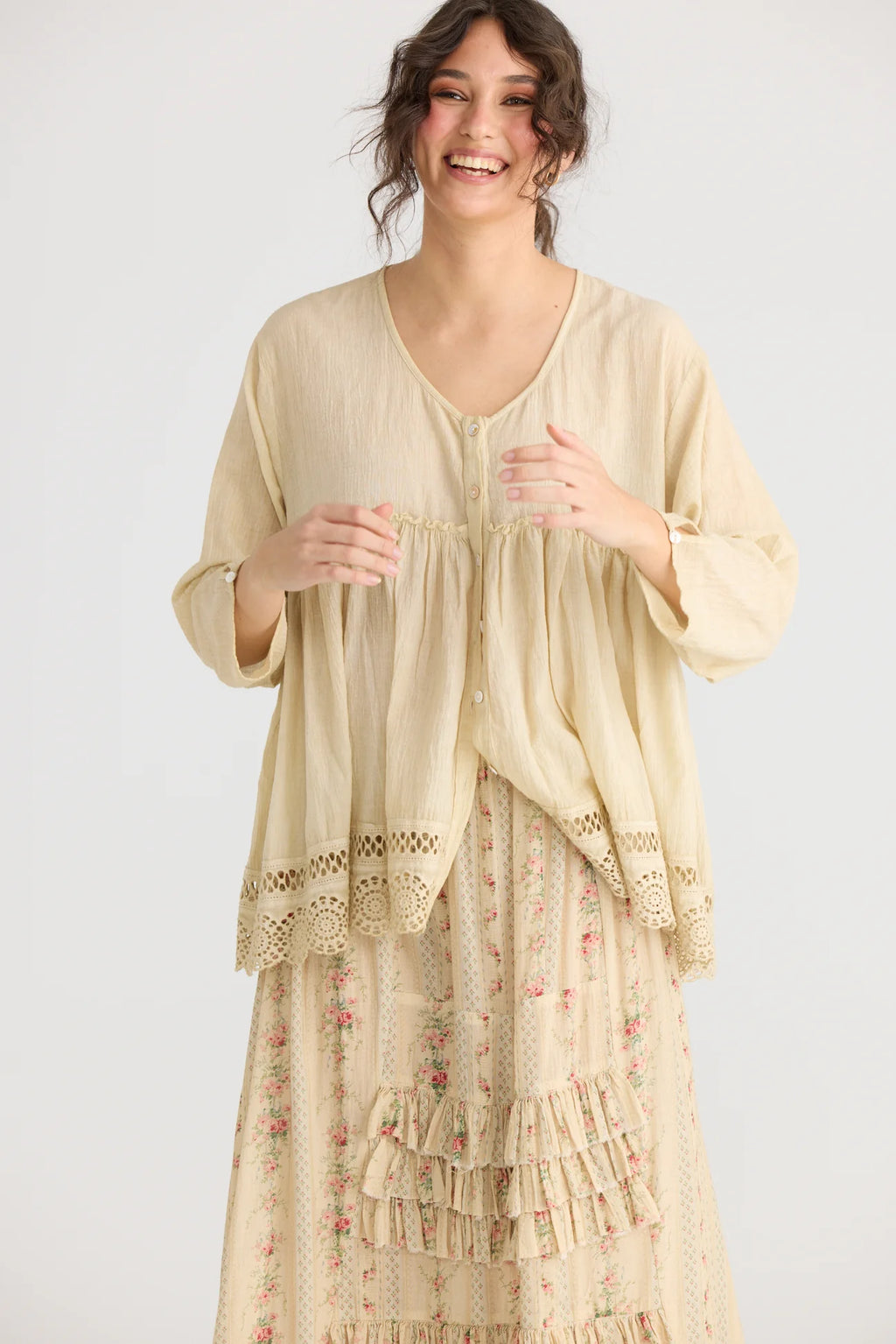  Miss roses sister violet Constance cotton top with lace edging. Tea-dye - Stay Wild Collective  
