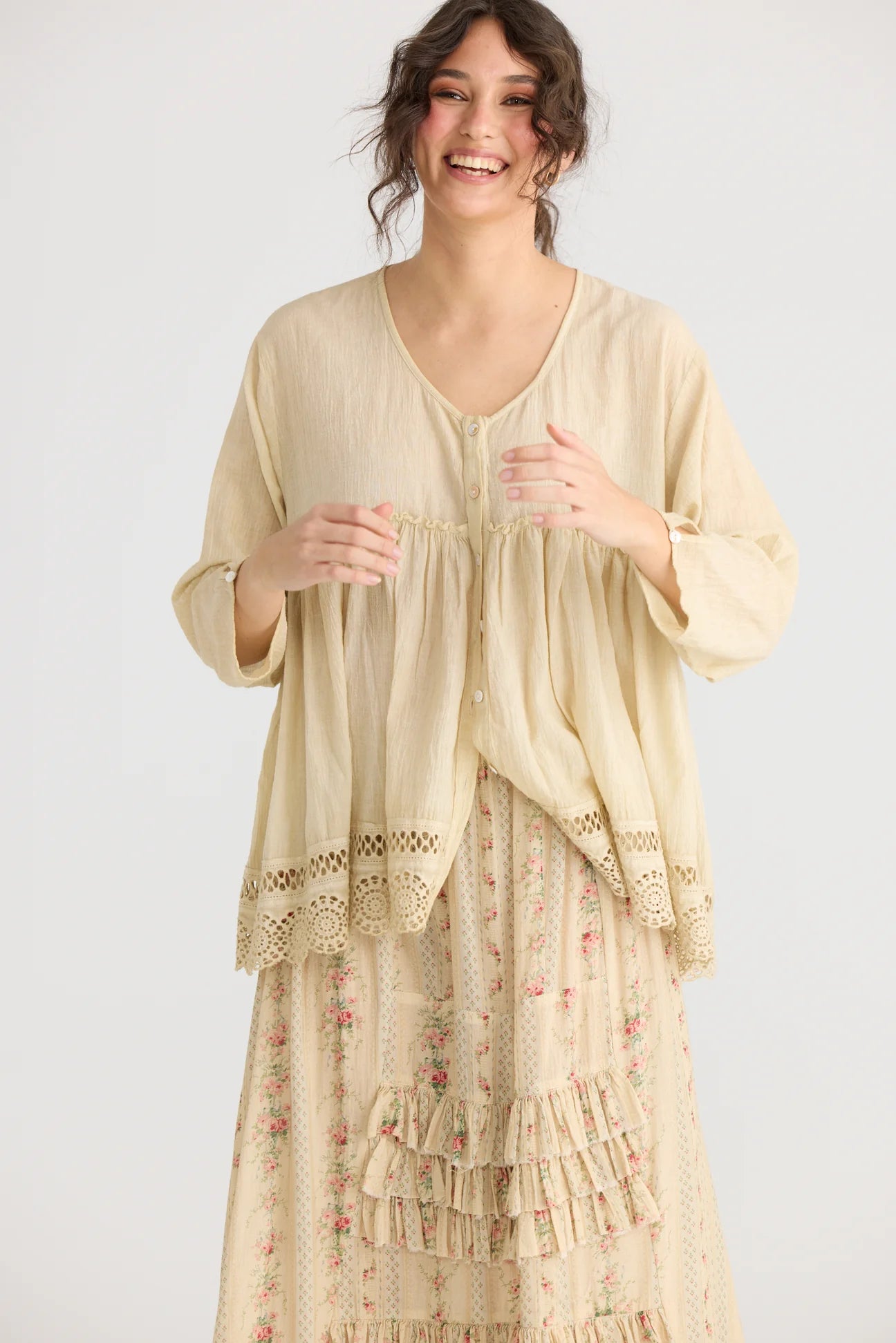  Miss roses sister violet Constance cotton top with lace edging. Tea-dye - Stay Wild Collective  