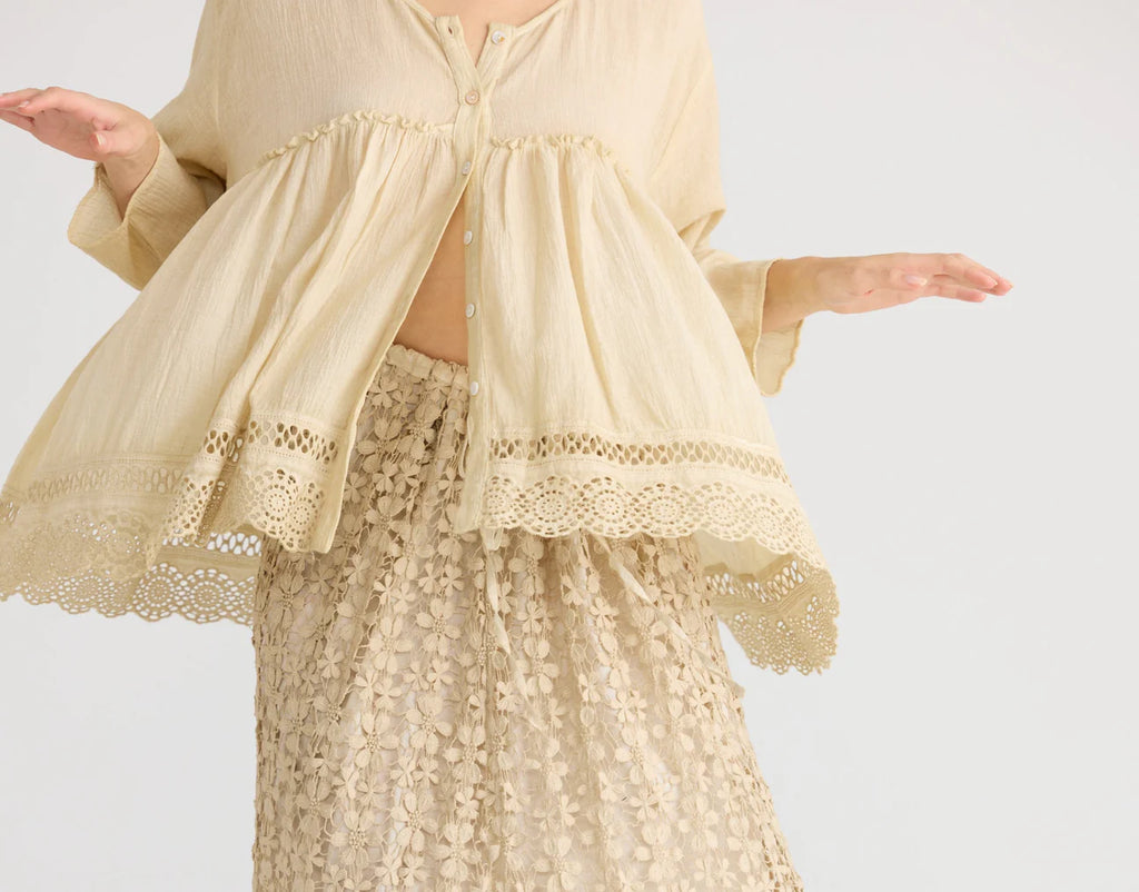  Miss roses sister violet Constance cotton top with lace edging. Tea-dye - Stay Wild Collective  