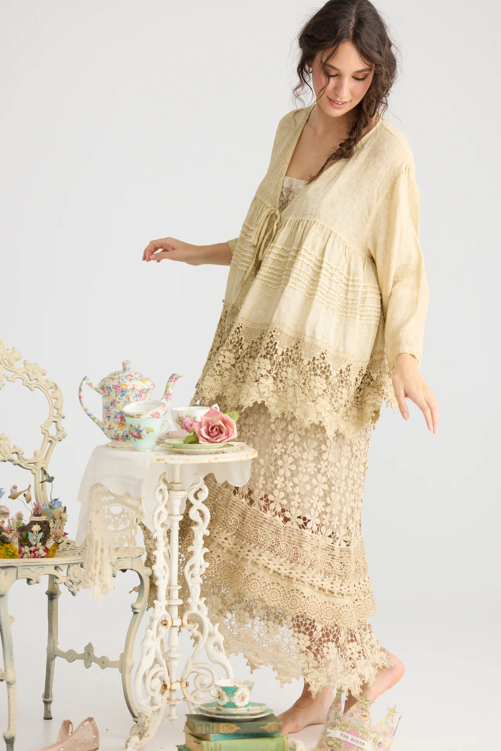  Miss roses sister violet Miss Frangipani Linen and Lace jacket. Tea Stain - Stay Wild Collective  