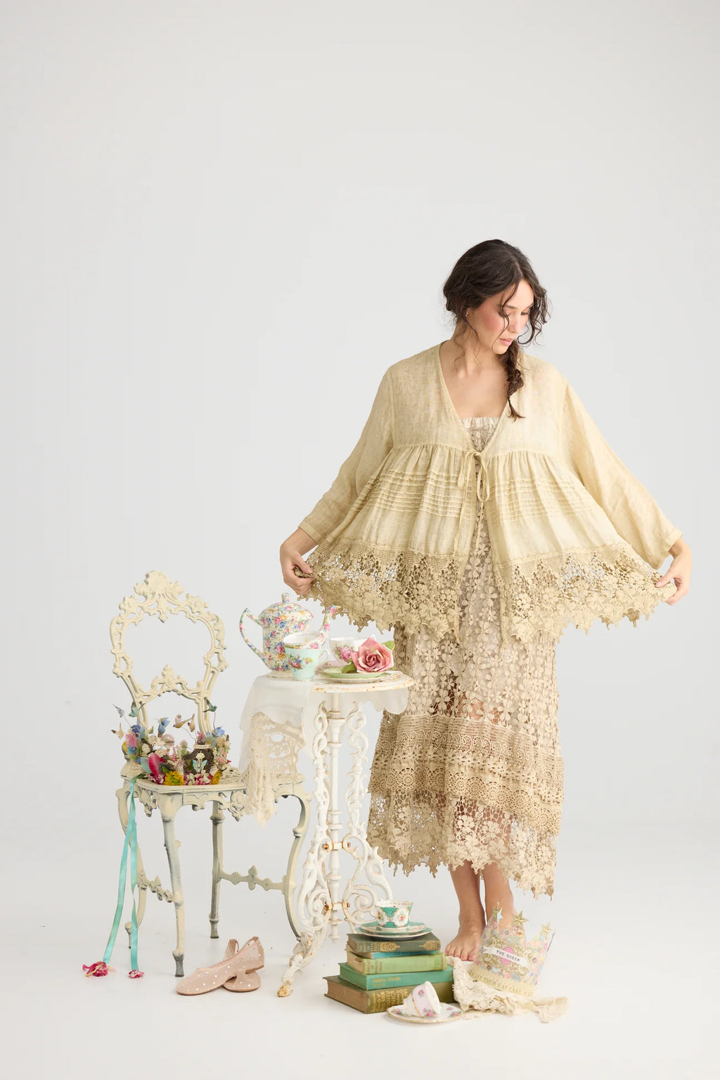  Miss roses sister violet Miss Frangipani Linen and Lace jacket. Tea Stain - Stay Wild Collective  