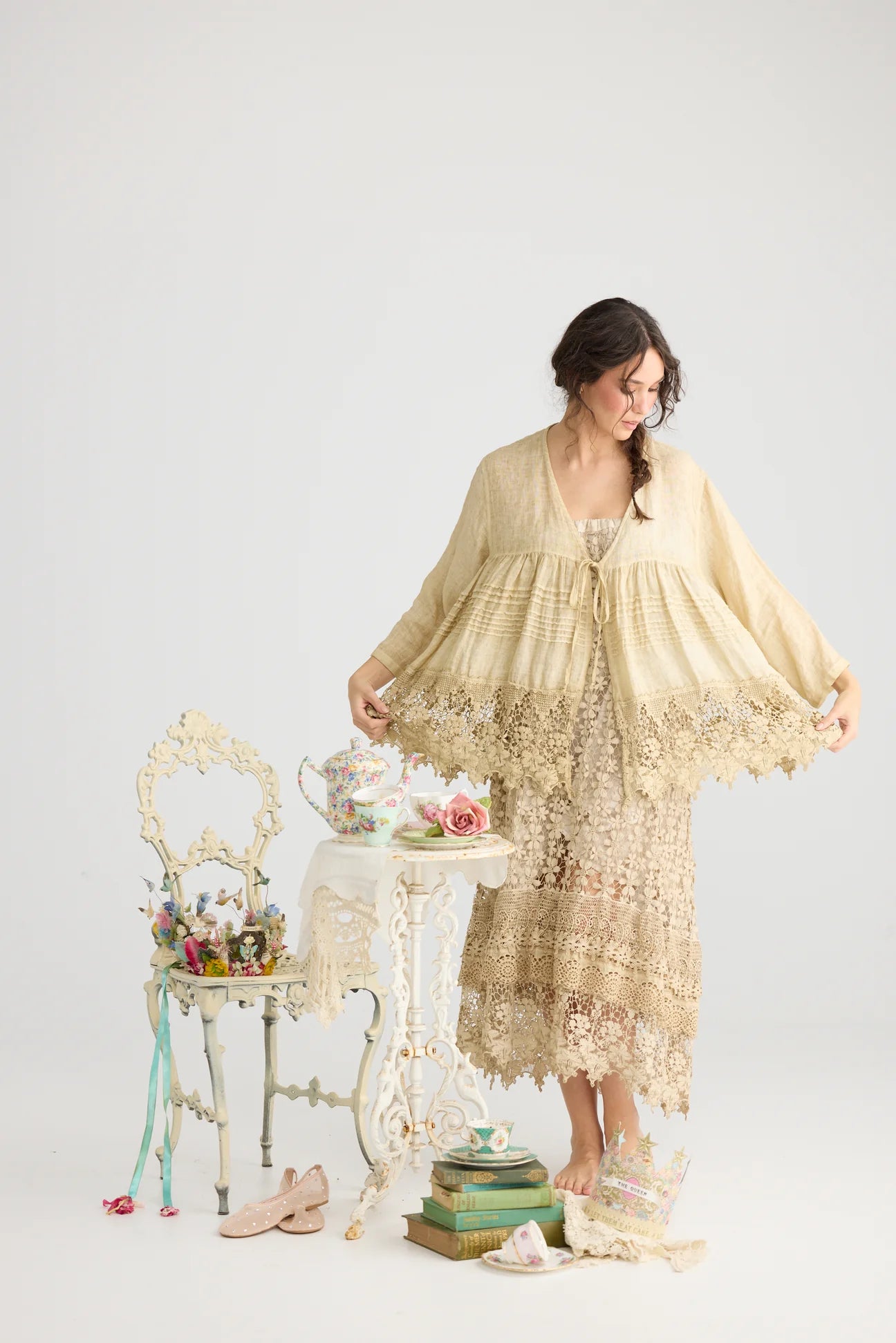  Miss roses sister violet Miss Frangipani Linen and Lace jacket. Tea Stain - Stay Wild Collective  