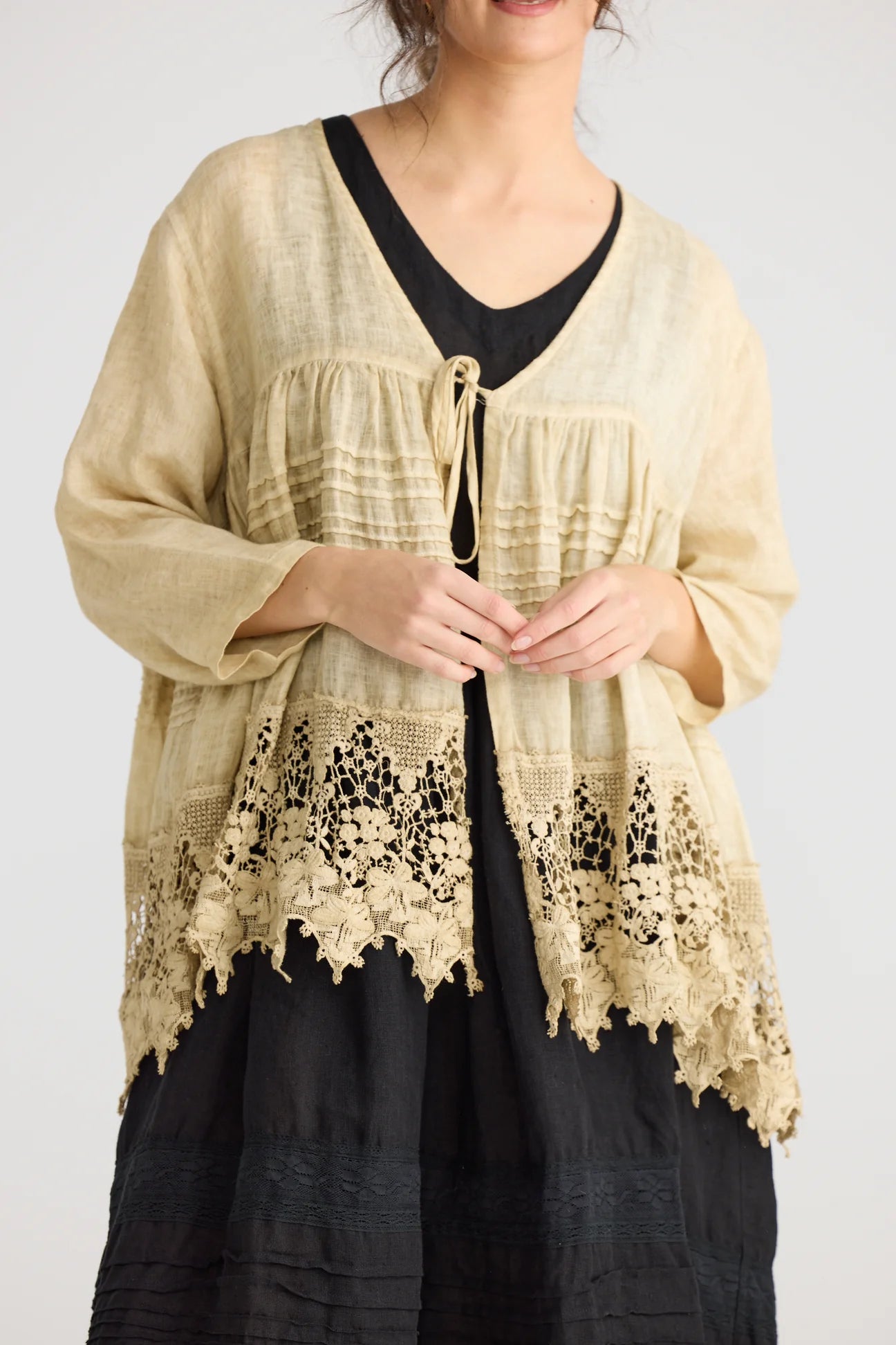  Miss roses sister violet Miss Frangipani Linen and Lace jacket. Tea Stain - Stay Wild Collective  