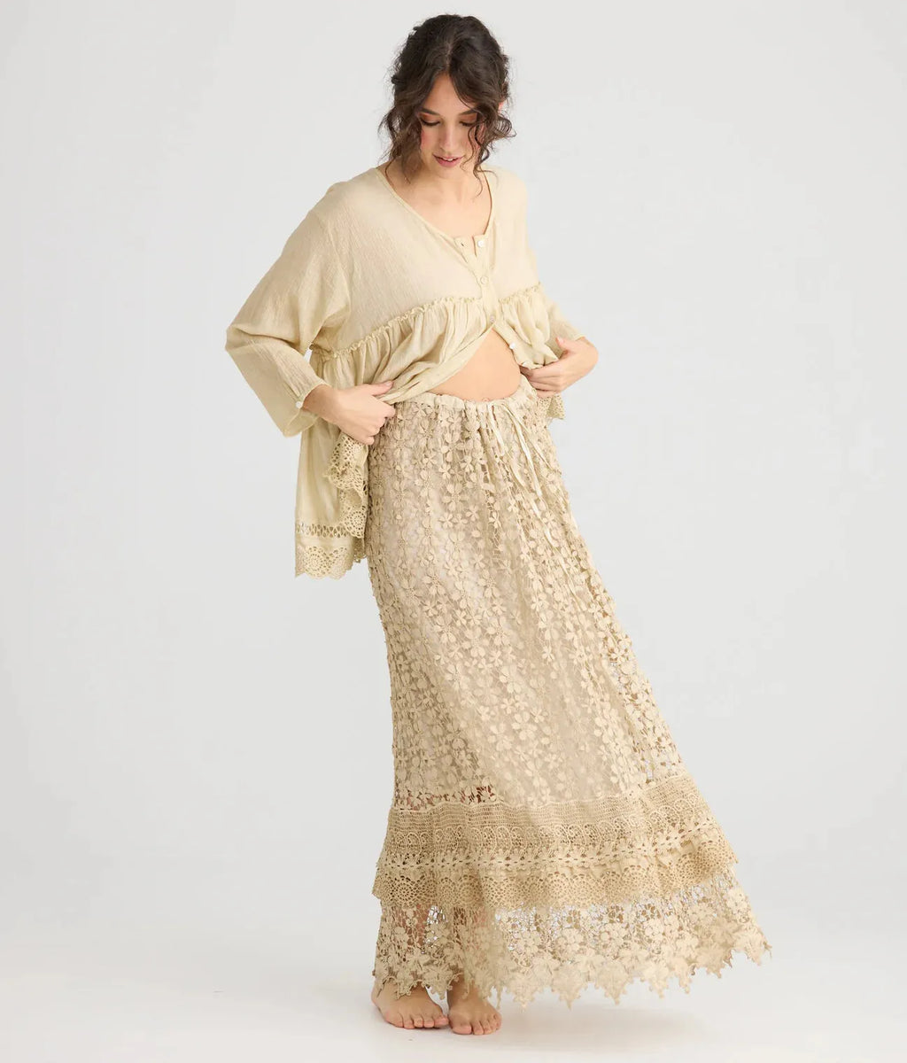  Miss rose sister violet Miss Passionflower Maxi lace skirt. . Tea stain - Stay Wild Collective  