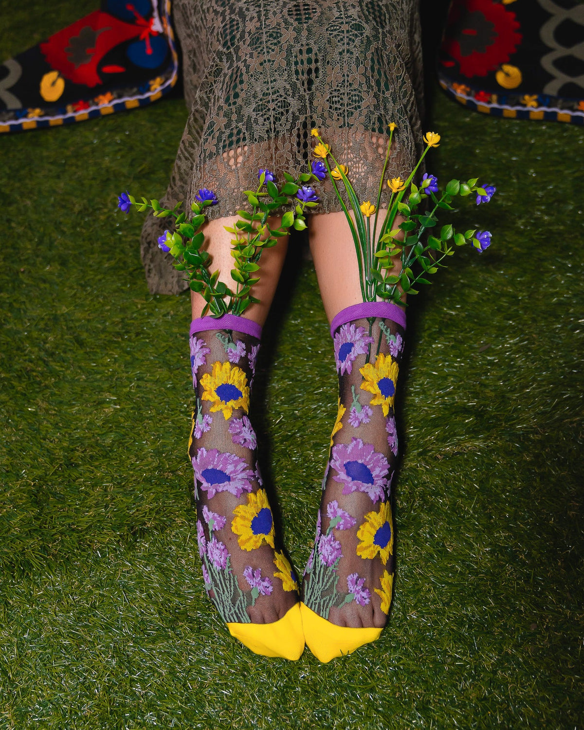 Mixed Sunflowers Black Sheer Crew Sock - Stay Wild Collective