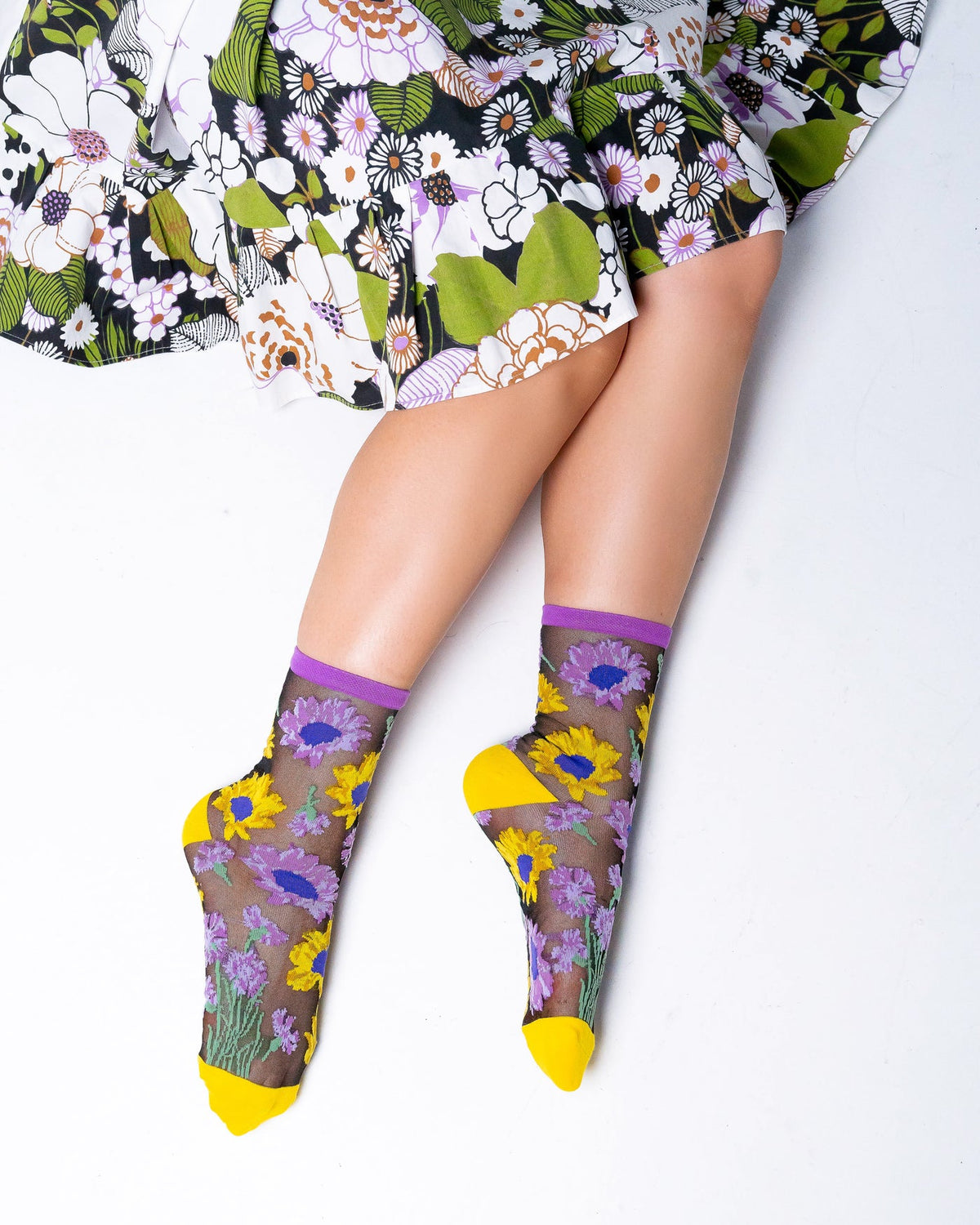 Mixed Sunflowers Black Sheer Crew Sock - Stay Wild Collective