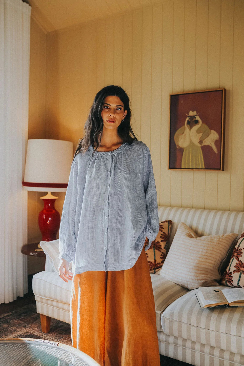 Montaigne Carmen Linen Top In Fine Blue Stripe - Stay Wild Collective