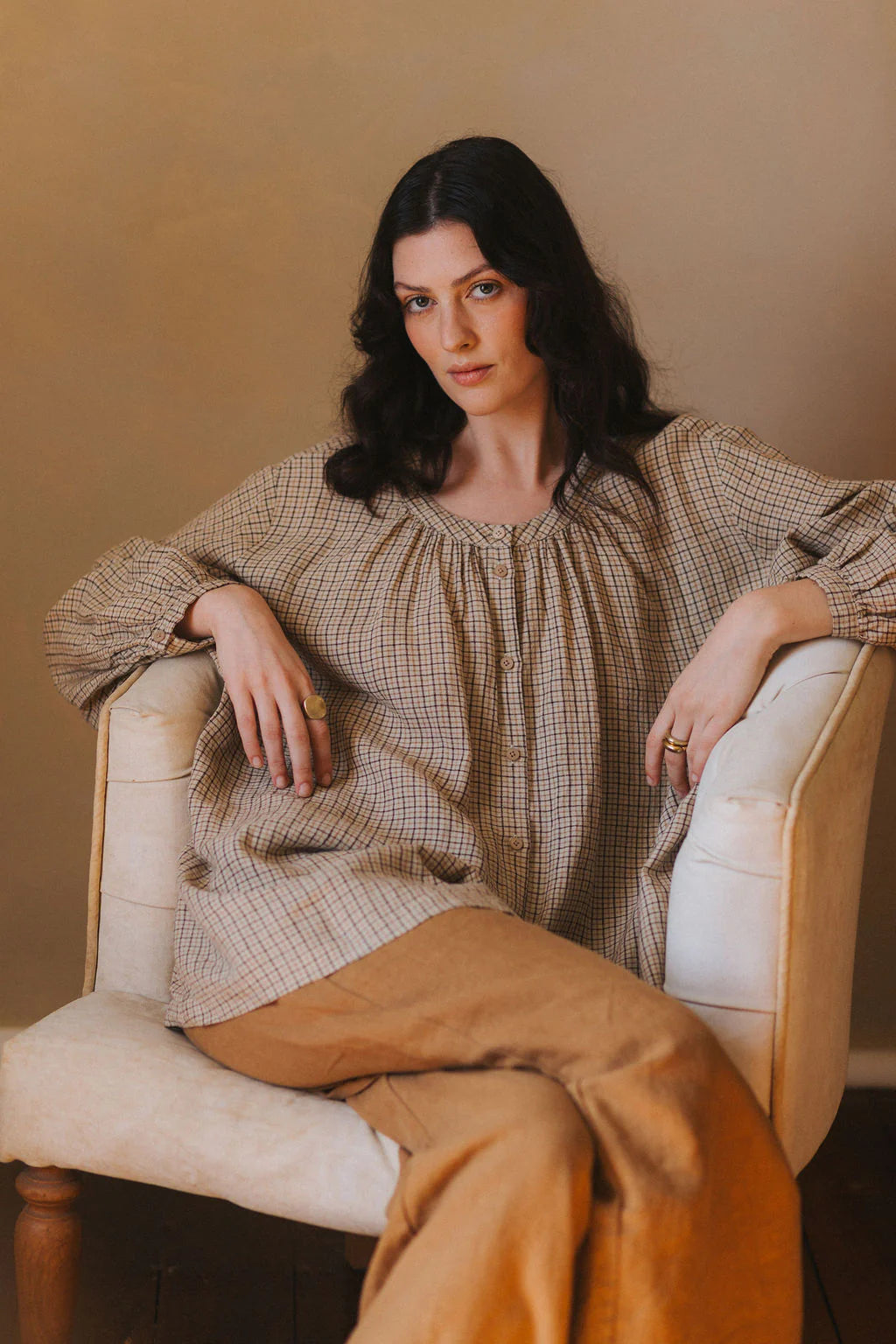 Montaigne Carmen button through long sleeve top - brown gingham - Stay Wild Collective