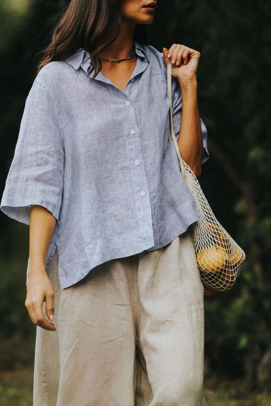 Montaigne Dion Fine Blue Stripe Linen Blouse - Stay Wild Collective