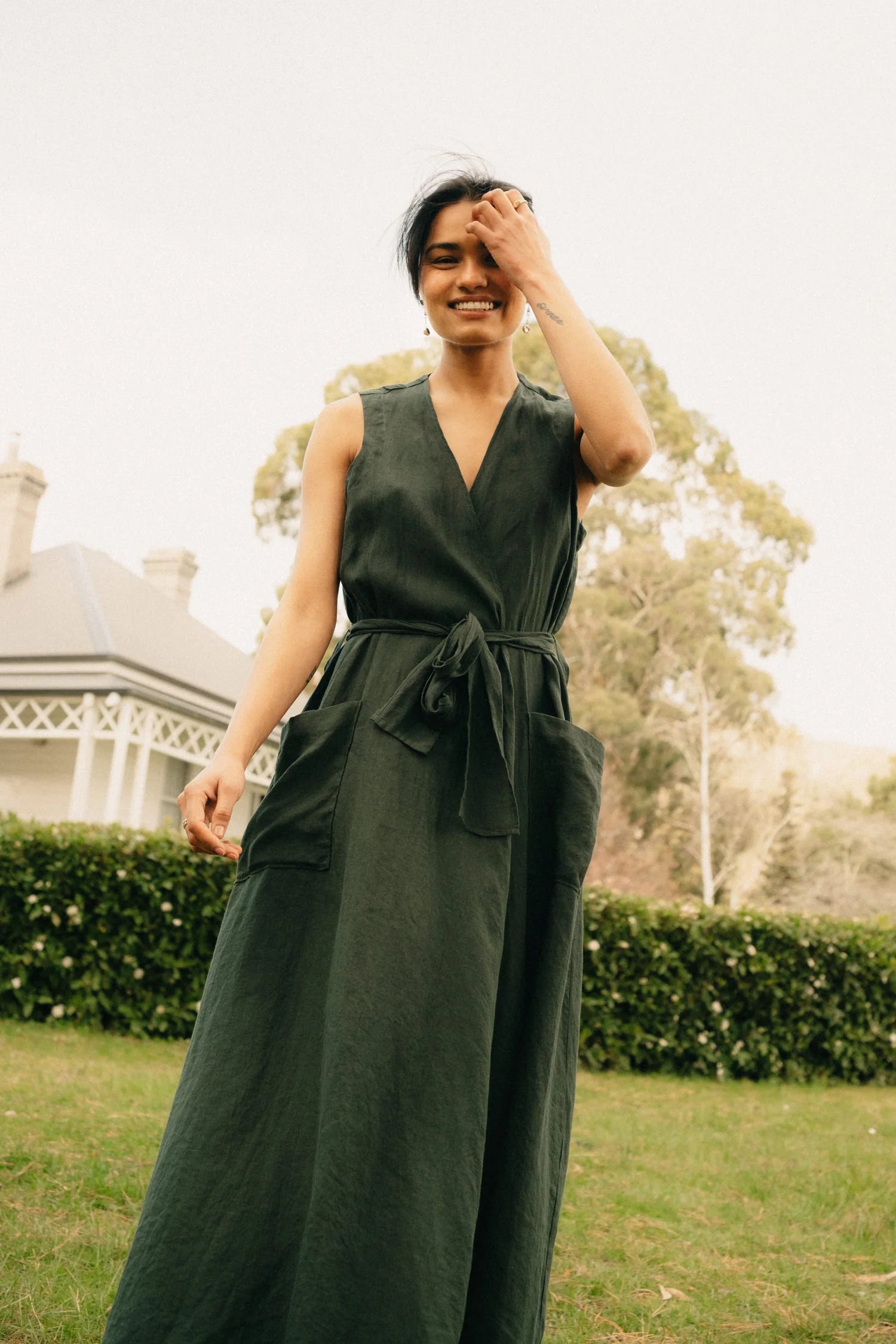   Montaigne Geneviève Wrap-Around French Linen Dress in Natural Houndstooth - Stay Wild Collective  