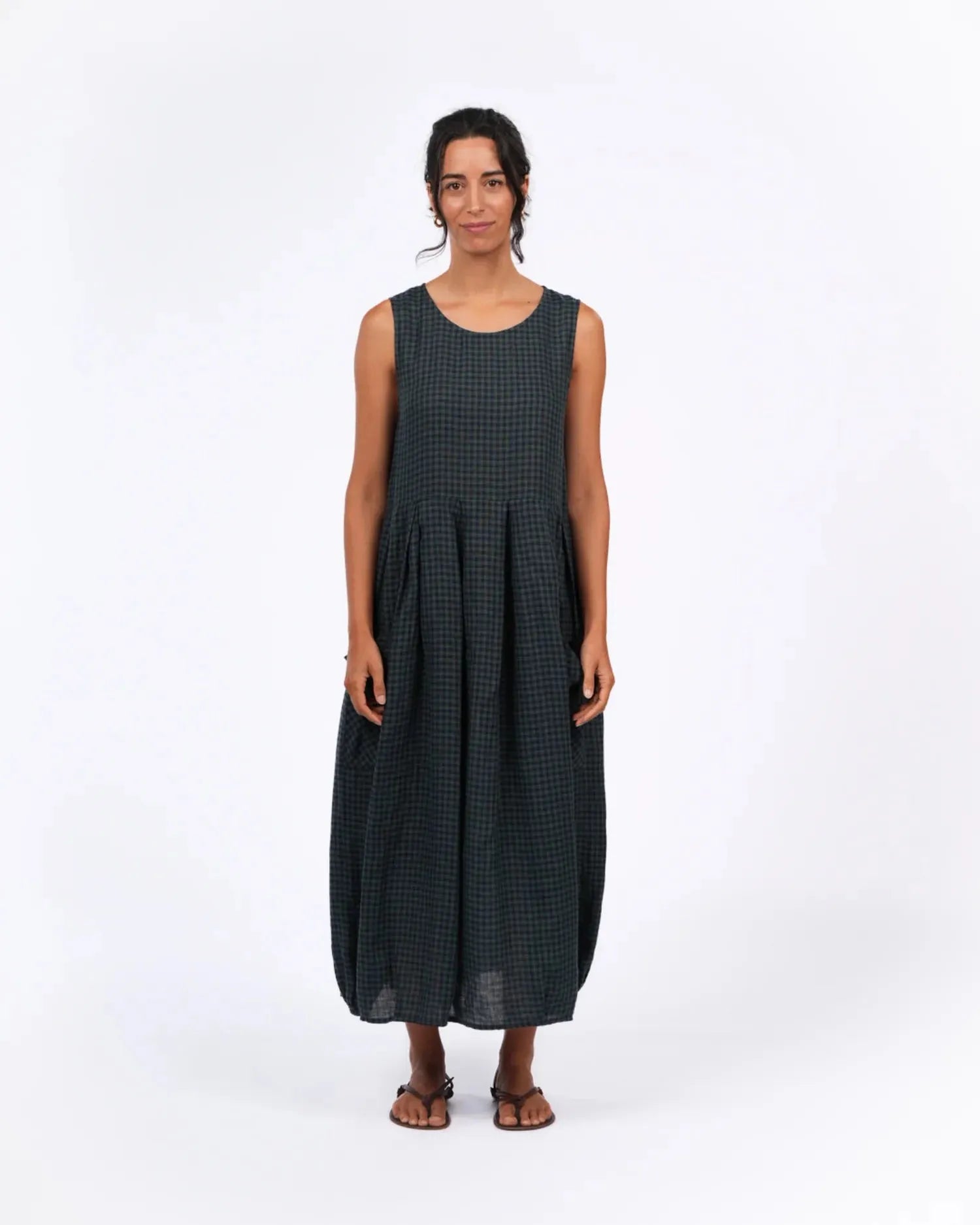 Montaigne Sartene French Linen Dress in Blue Green Check - Stay Wild Collective  