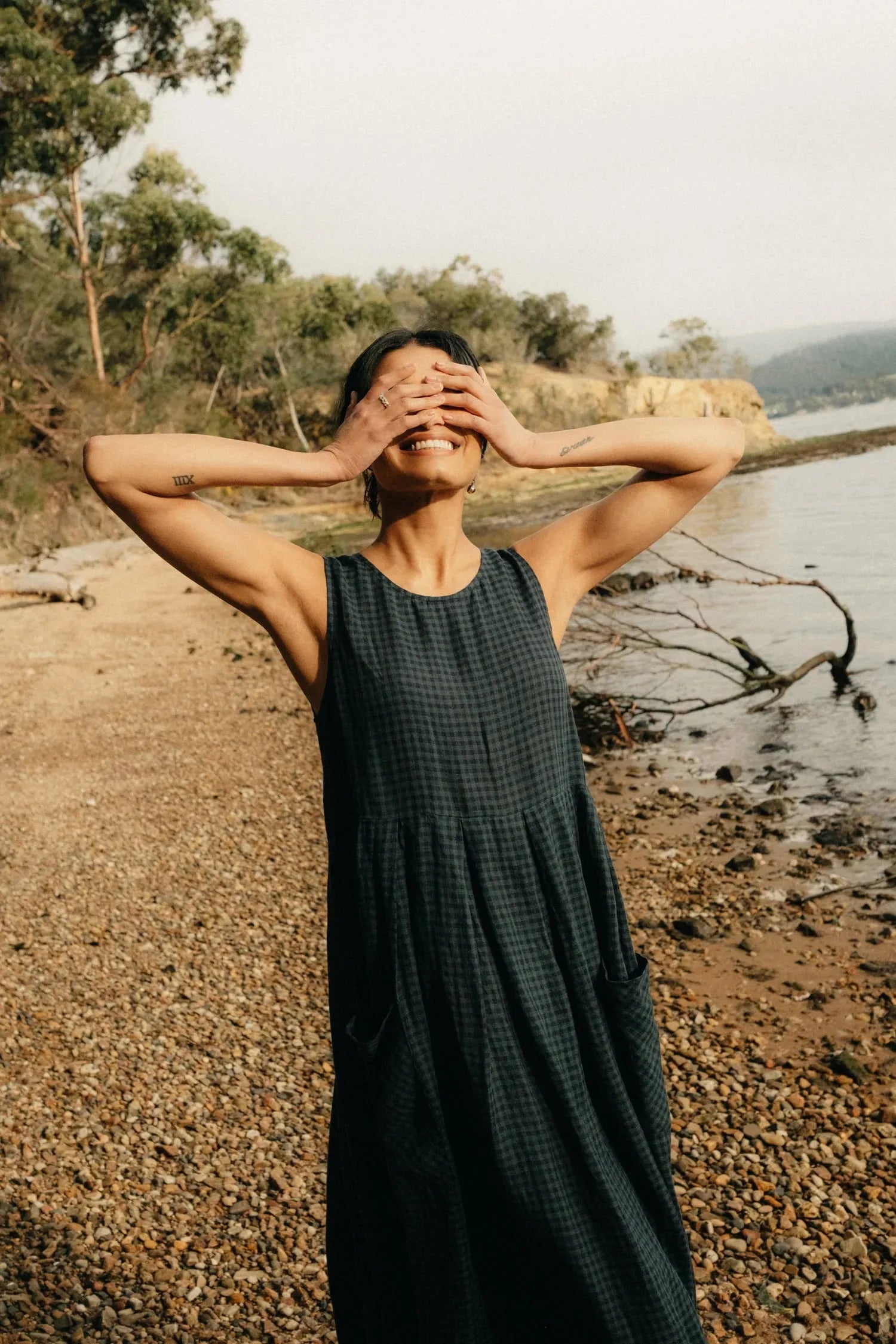 Montaigne Sartene French Linen Dress in Blue Green Check - Stay Wild Collective  