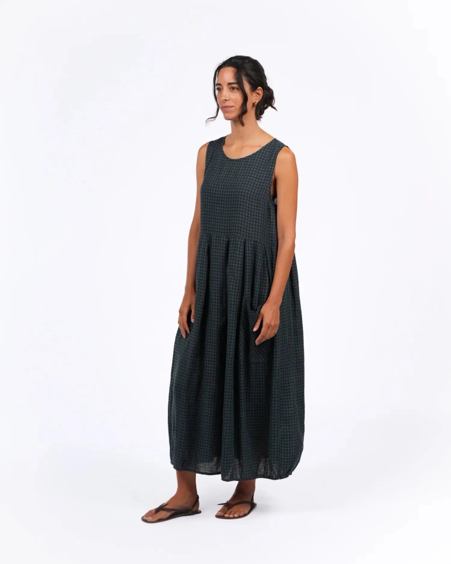 Montaigne Sartene French Linen Dress in Blue Green Check - Stay Wild Collective  