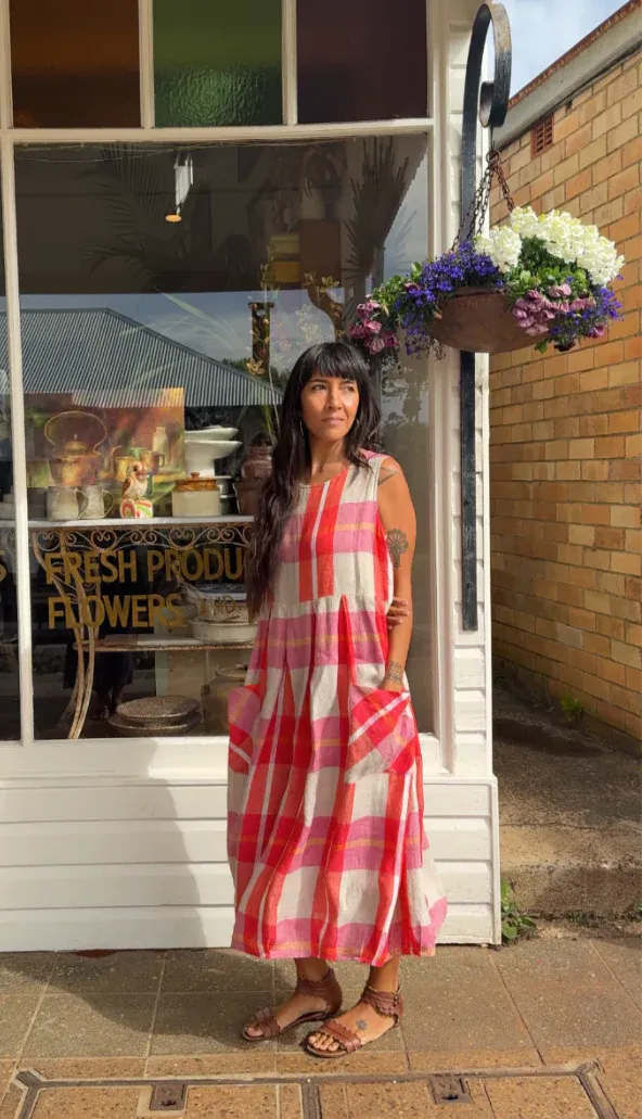 Montaigne Sartene Linen Dress in Orange Check - Stay Wild Collective  Dress