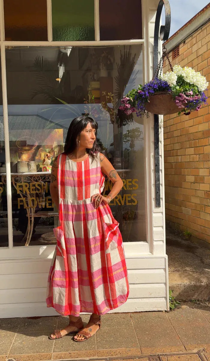Montaigne Sartene Linen Dress in Orange Check - Stay Wild Collective  Dress
