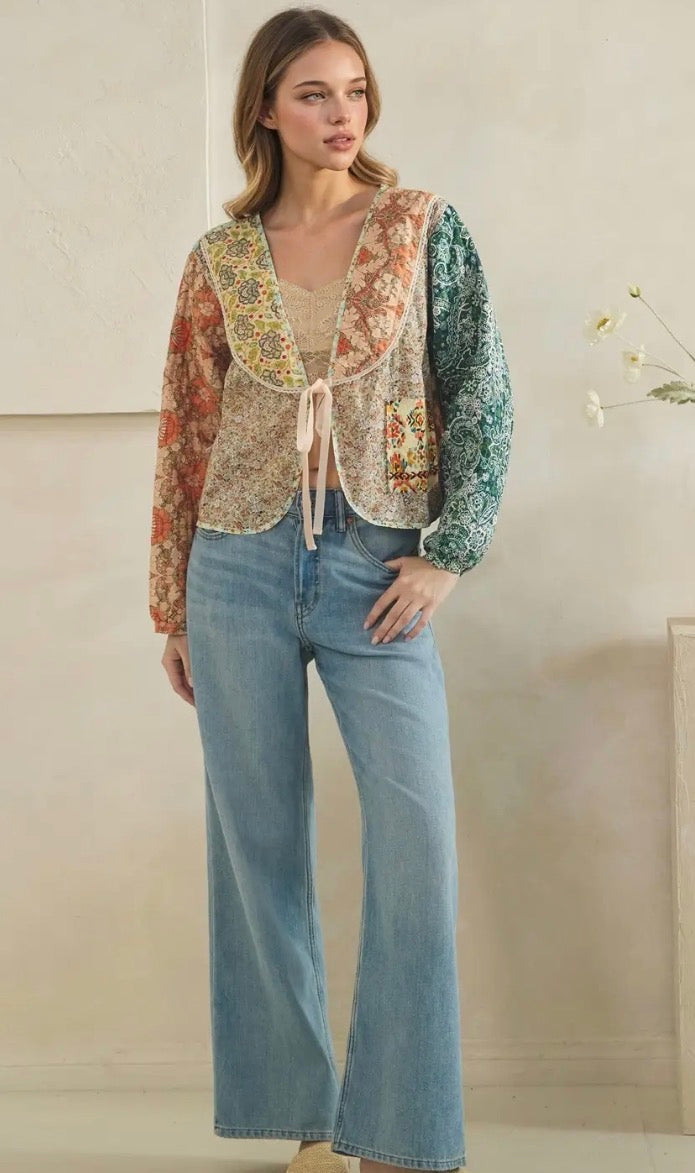 Oh love Tie front closure patchwork floral print cropped jacket - Stay Wild Collective