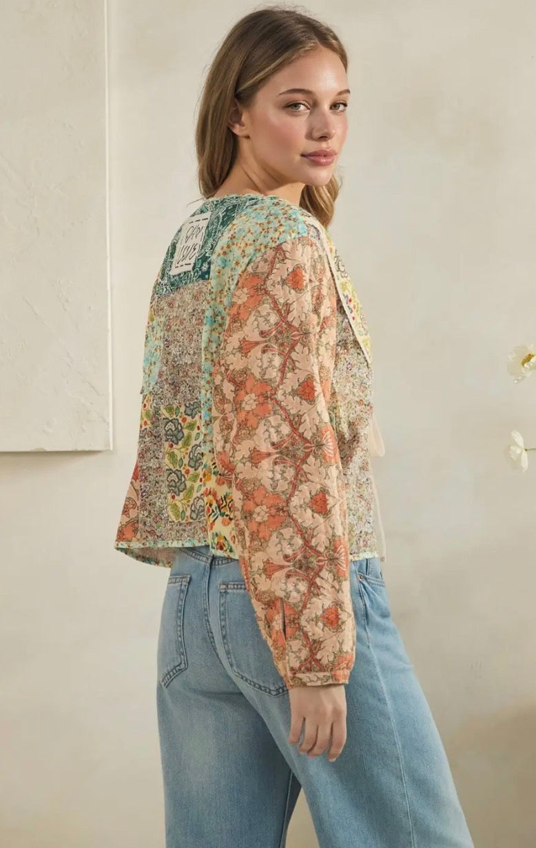 Oh love Tie front closure patchwork floral print cropped jacket - Stay Wild Collective