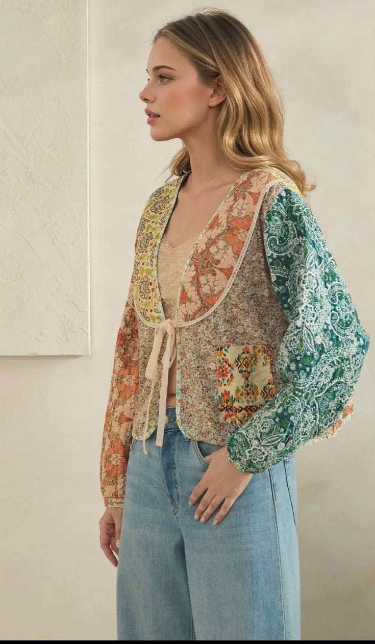 Oh love Tie front closure patchwork floral print cropped jacket - Stay Wild Collective