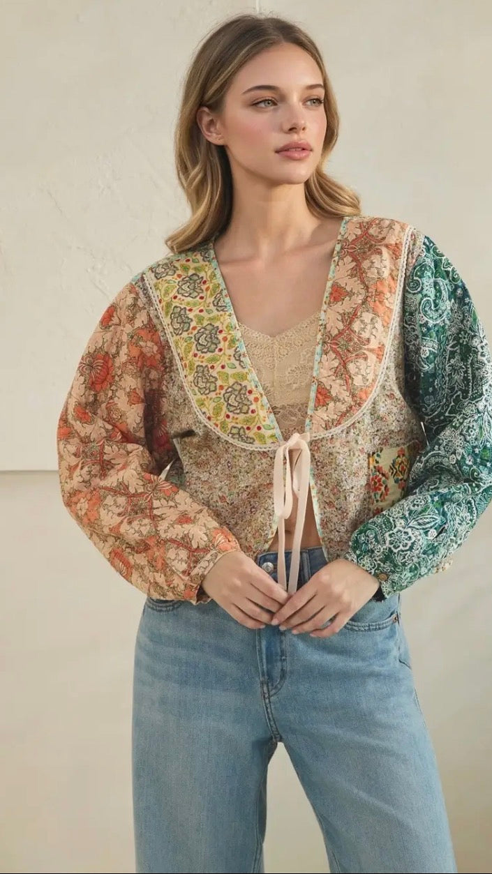 Oh love Tie front closure patchwork floral print cropped jacket - Stay Wild Collective